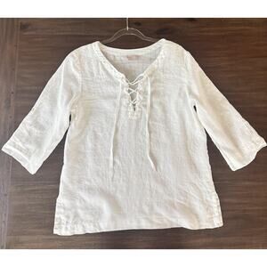 Hanna G Shirt White Lace Up Roll Tab Sleeve 100% Linen Top L